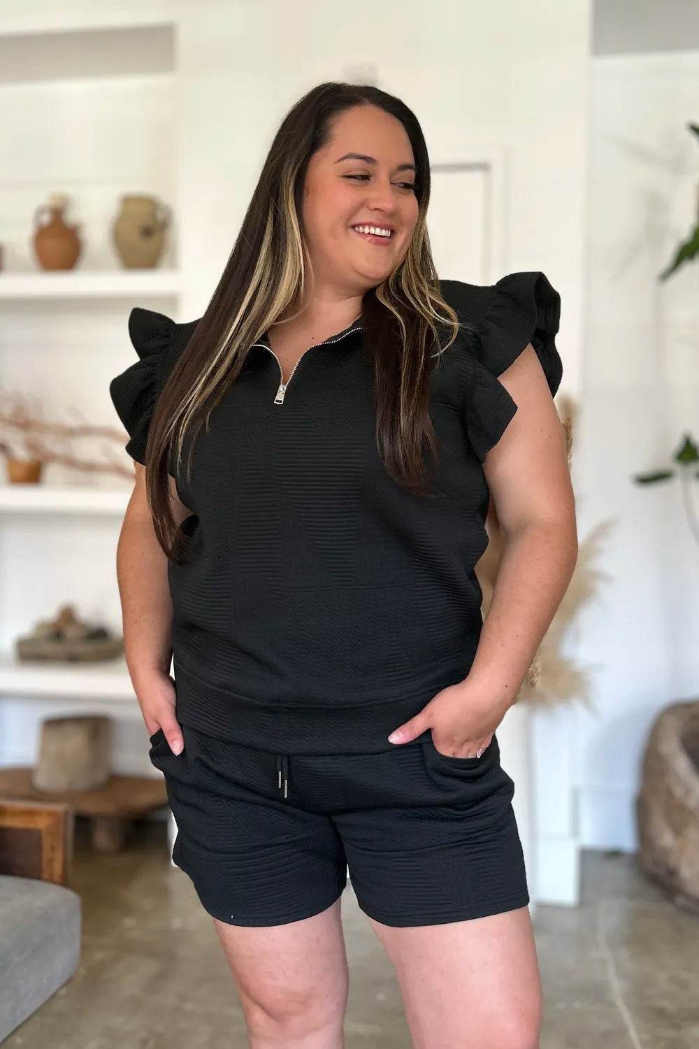 Double Take Full Size Texture Flounce Sleeve Top and Shorts Set - Veloro