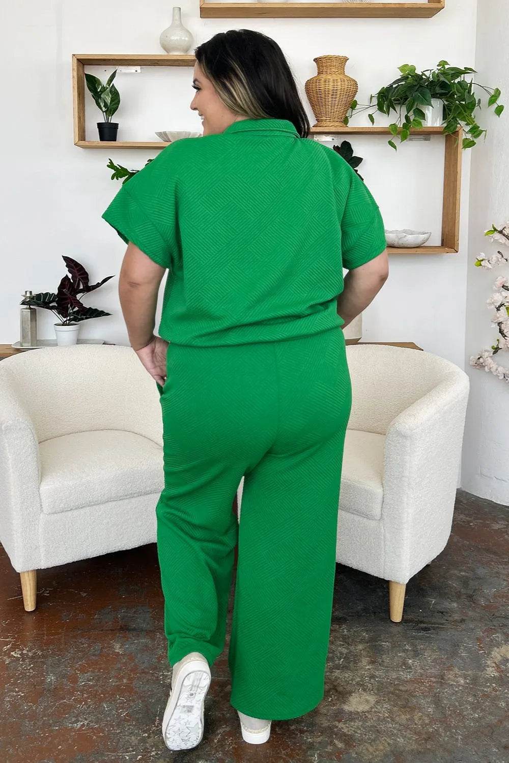 Double Take Full Size Texture Half Zip Short Sleeve Top and Pants Set - Veloro