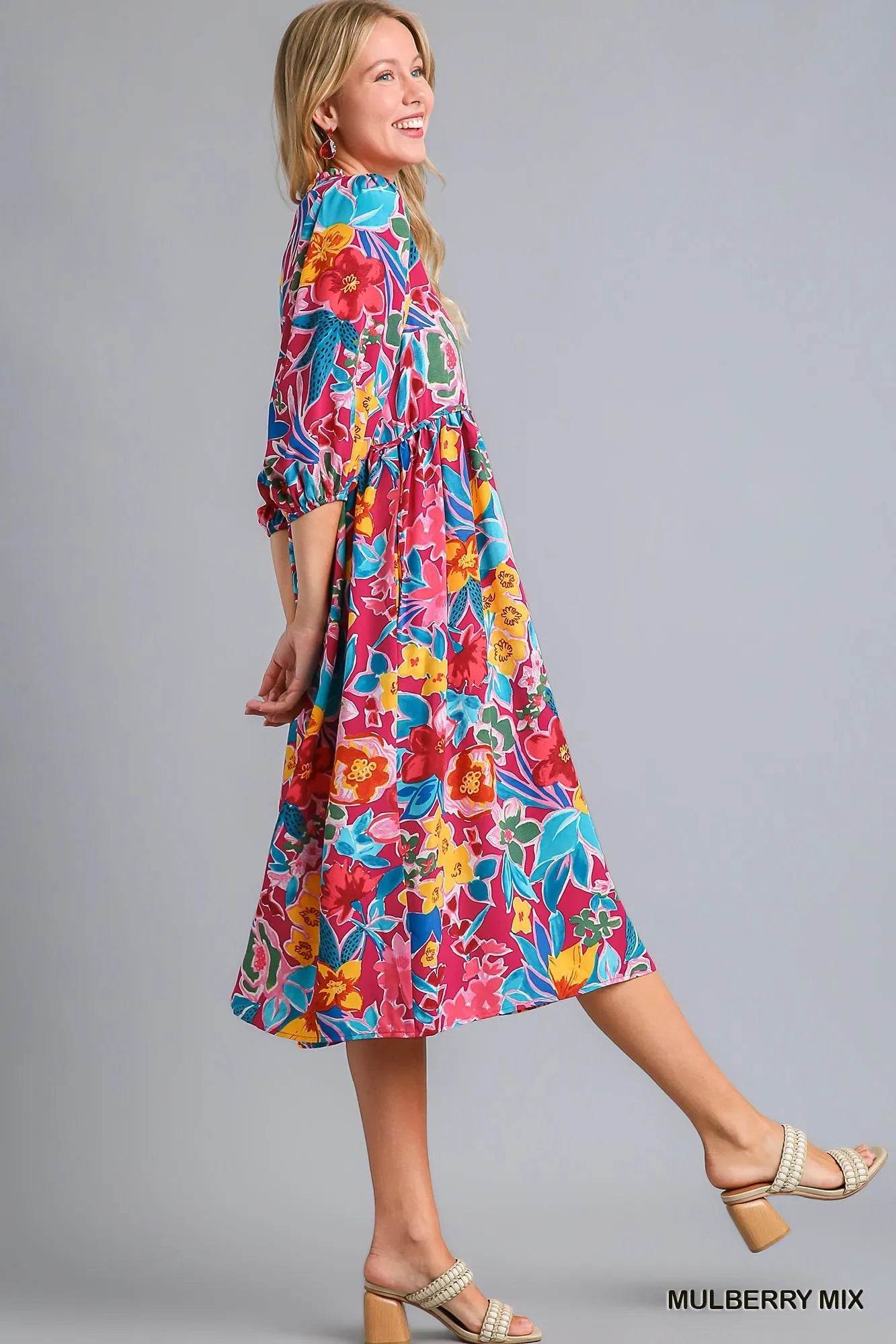 Umgee Full Size Floral Print Tie Neck Midi Dress with Pockets Plus Size - Veloro