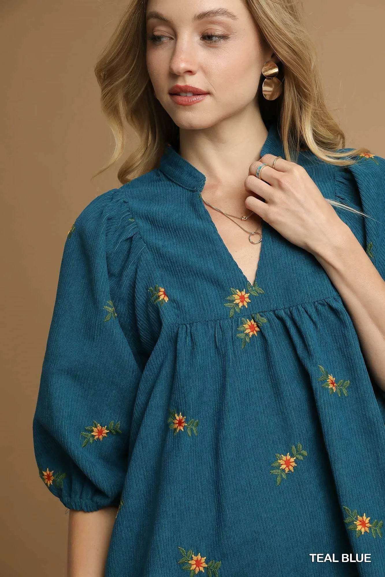 Umgee Corduroy Babydoll Dress with Floral Embroidery - Veloro