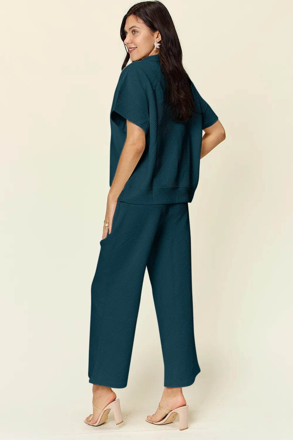 Double Take Full Size Texture Half Zip Short Sleeve Top and Pants Set - Veloro