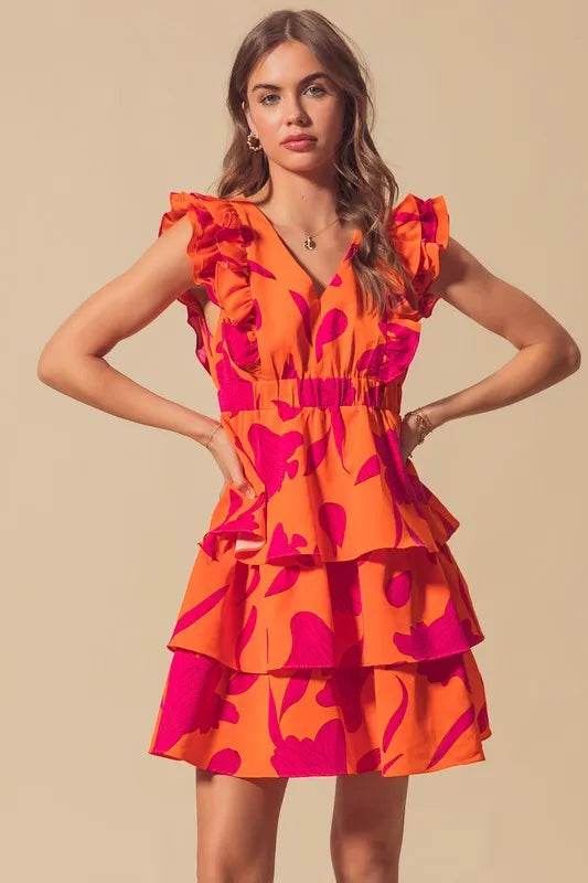 SO ME Floral V Neck Layered Dress with Elasticized Waist - Veloro