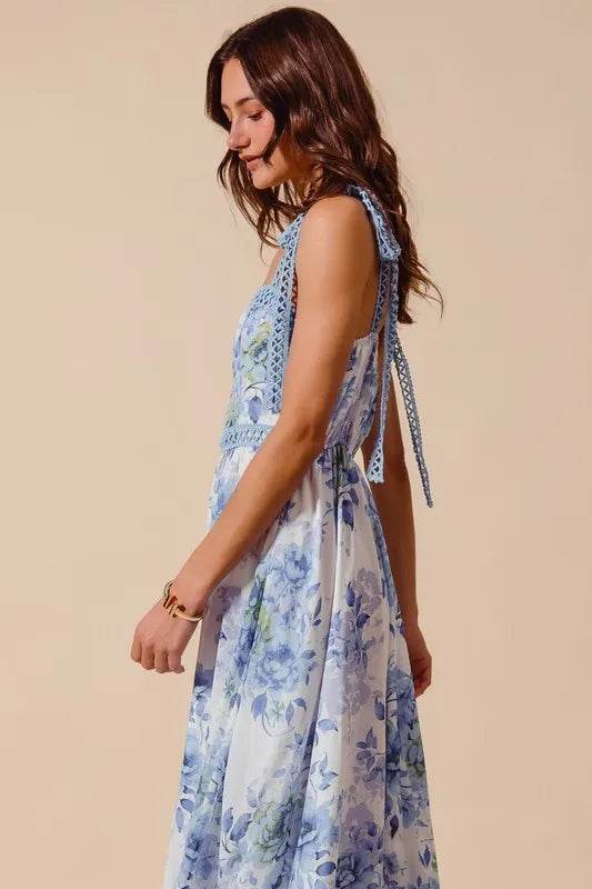 SO ME Floral Print Flowy Maxi Dress with Lace Ribbon Tie - Veloro