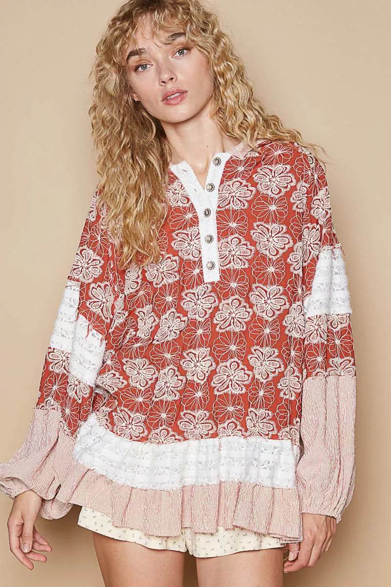 POL Ruffled Hem Floral Pattern Balloon Sleeve Hoodie - Veloro