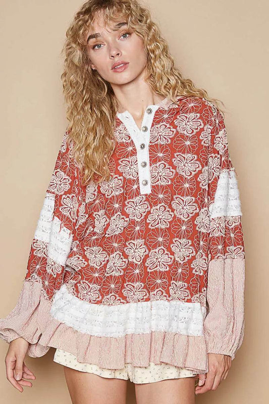 POL Ruffled Hem Floral Pattern Balloon Sleeve Hoodie - Veloro