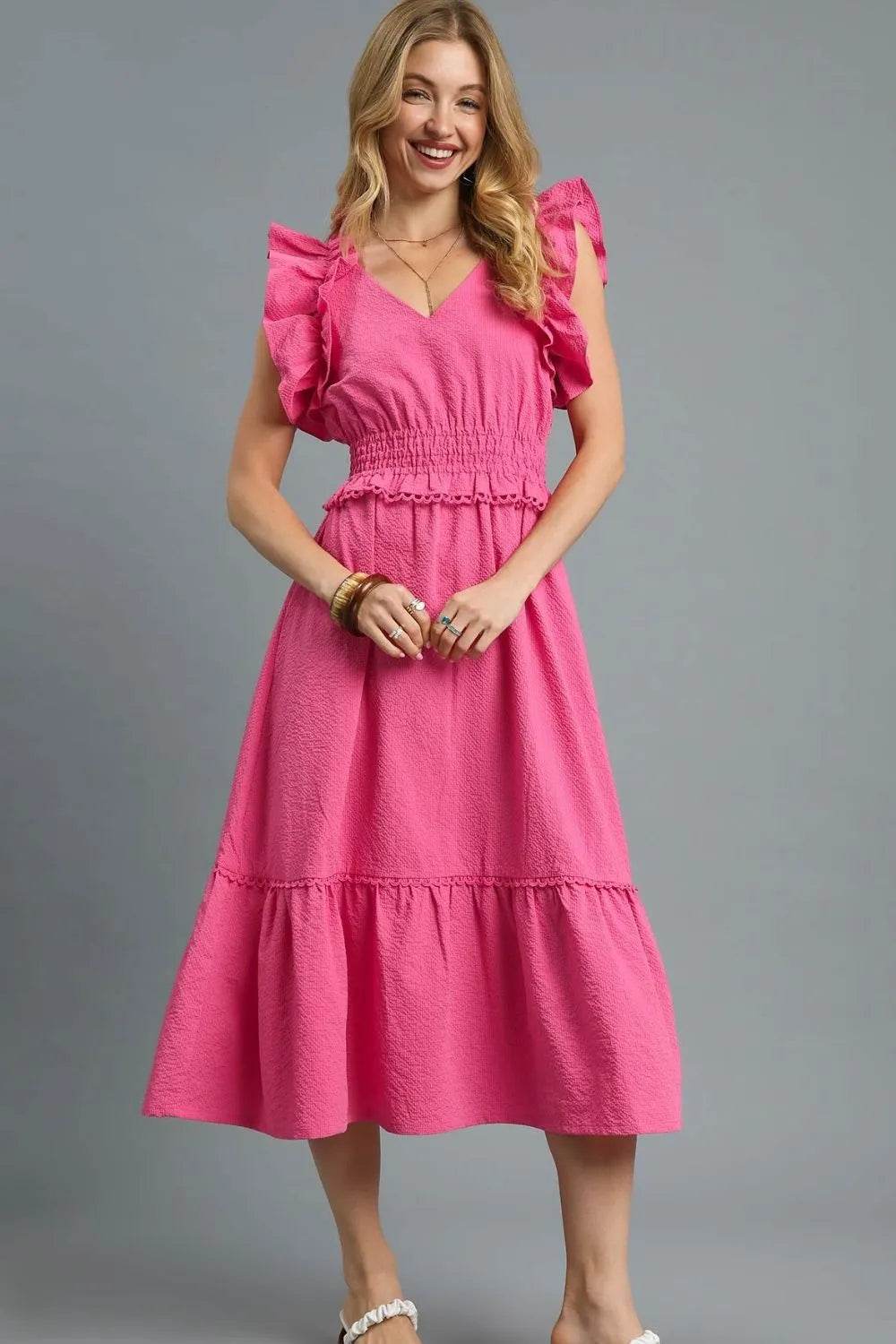 Umgee V-Neck Ruffled Cap Sleeve Midi Dress - Veloro