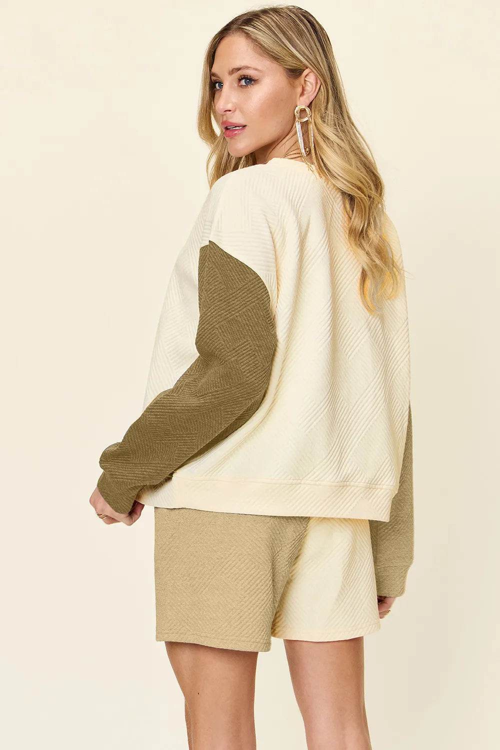 Double Take Full Size Contrast Drop Shoulder Top and Shorts Set - Veloro