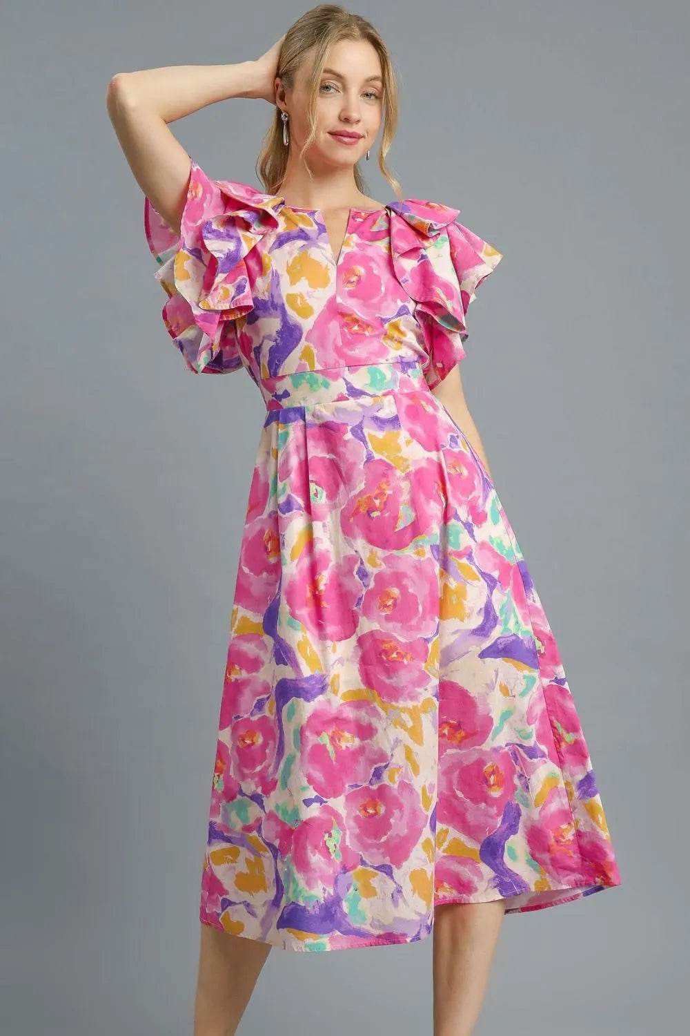 Umgee Floral Ruffled Cap Sleeve Midi Dress - Veloro