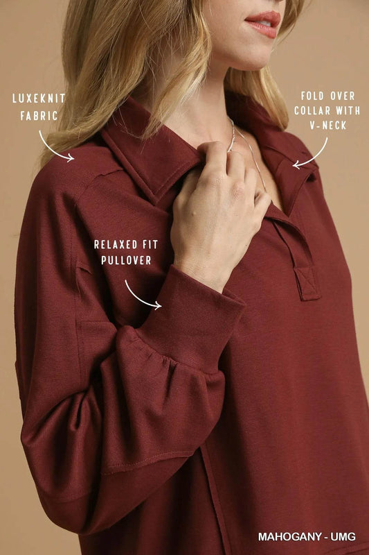Umgee Exposed Seam Long Sleeve Polo Top with Side Slit - Veloro
