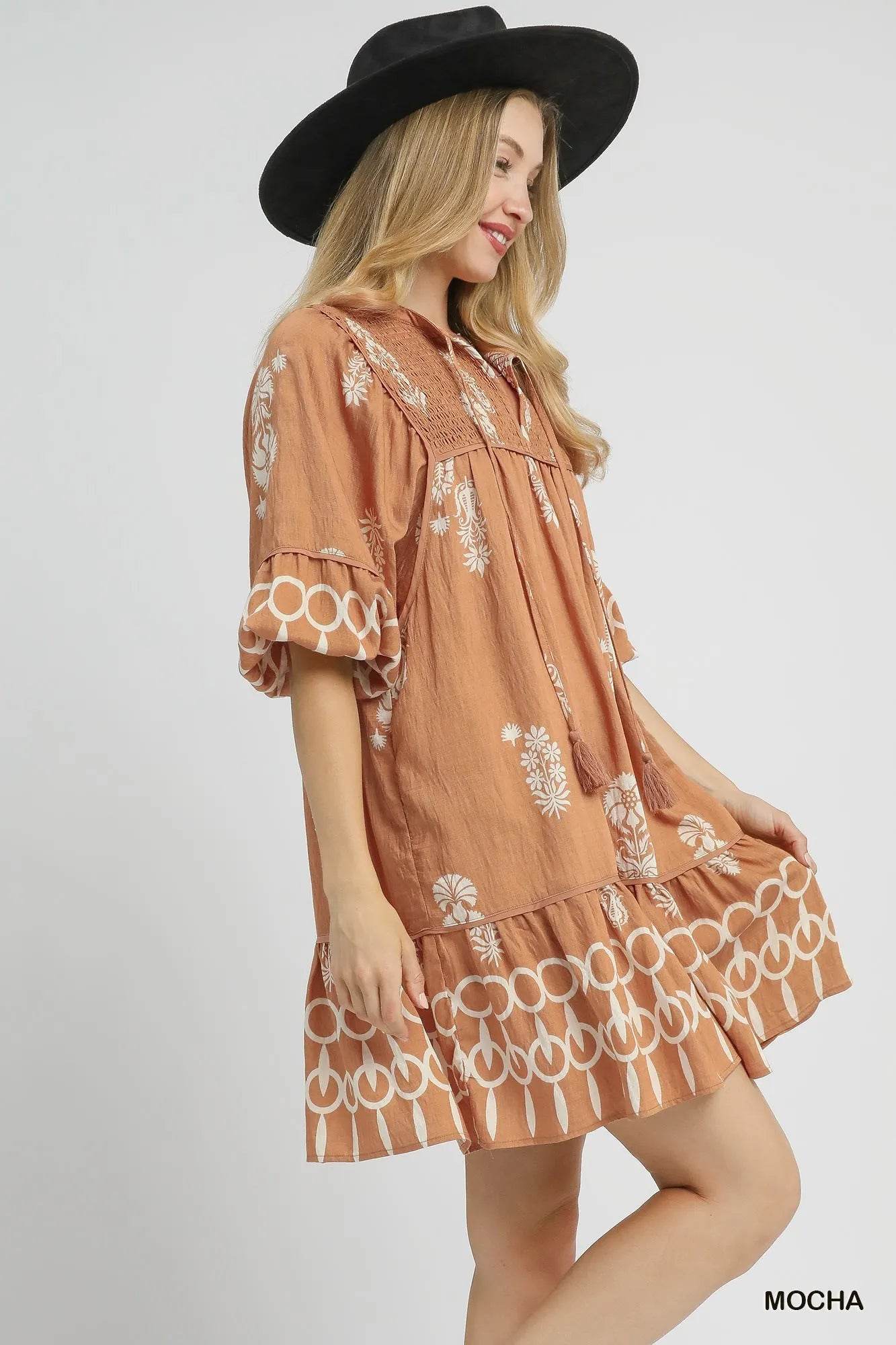 Umgee Boarder Print Tassel Tie Neck Mini Dress - Veloro