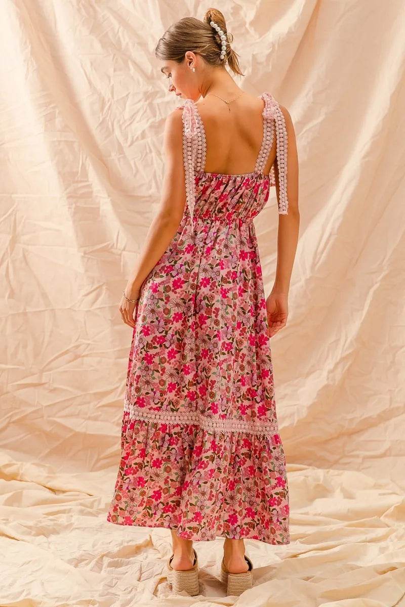 SO ME Floral Maxi Dress With Ribbon Tie Lace Strap - Veloro
