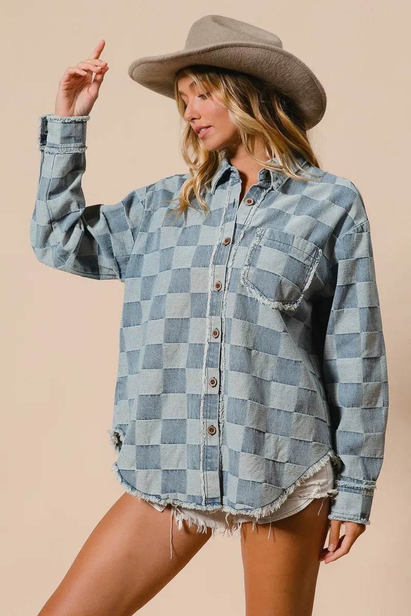 BiBi Frayed Edged Detail Washed Checker Denim Shirt - Veloro