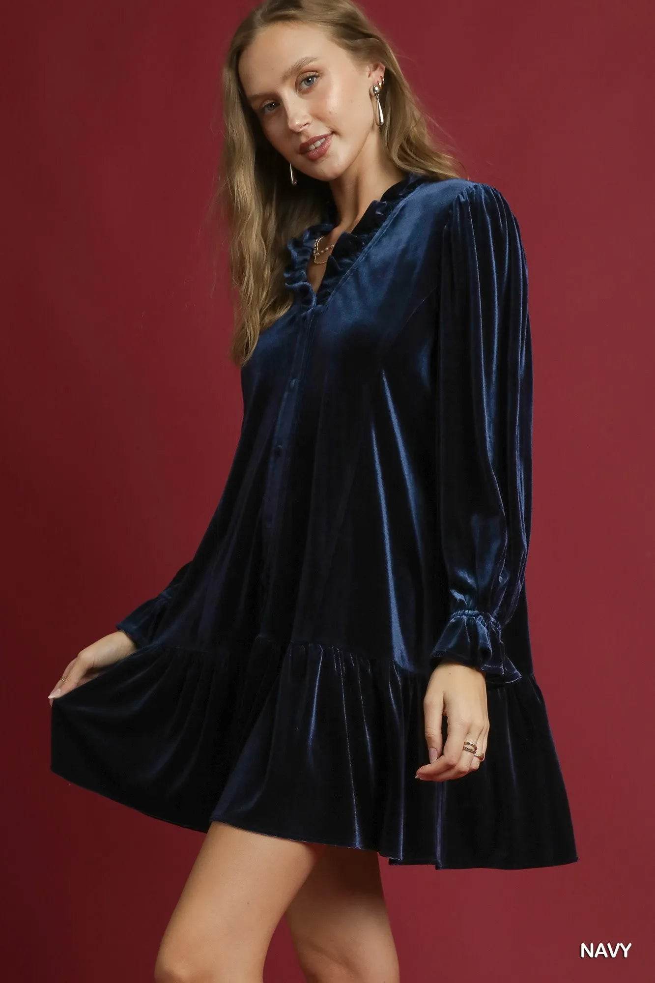 Umgee Velvet Ruffle Trim Mini Dress - Veloro