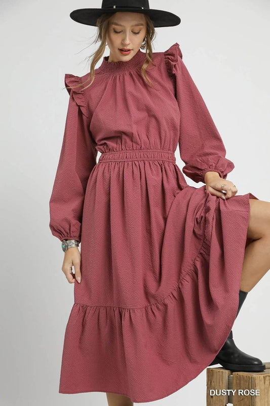 Umgee Textured Midi Dress with Ruffle Shoulder Detail - Veloro
