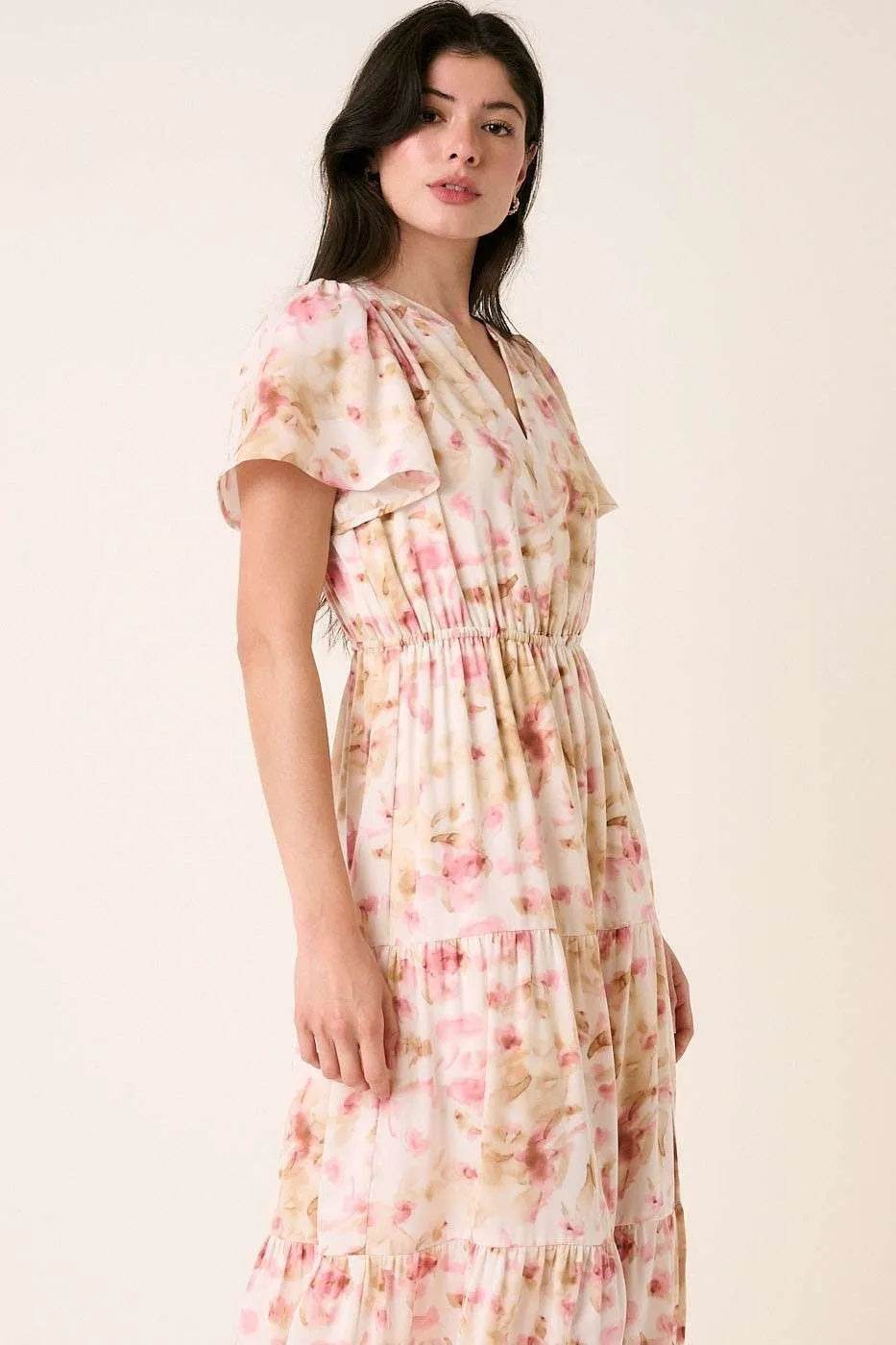 Mittoshop Flower Print Flutter Sleeve V Slit Maxi Dress - Veloro