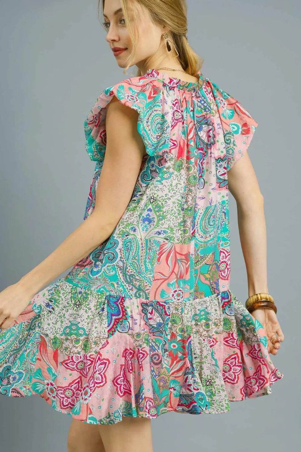 Umgee Printed Ruffle Cap Sleeve Mini Dress - Veloro