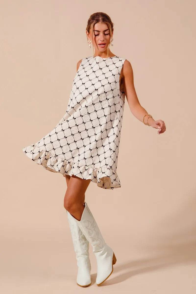 SO ME Texture Bow Printed Mini Ruffle Dress - Veloro