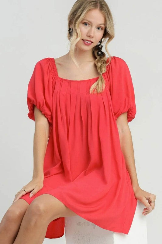 Umgee Full Size Squared Neck Puff Sleeve Mini Dress Plus Size - Veloro