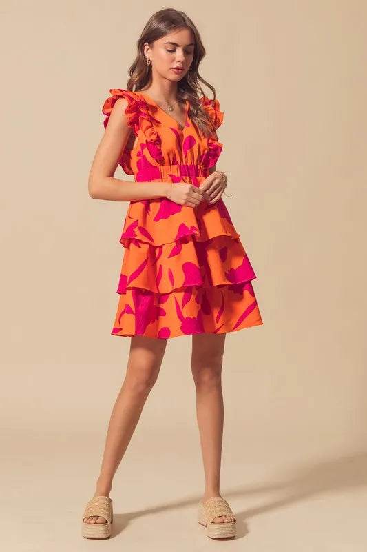 SO ME Floral V Neck Layered Dress with Elasticized Waist - Veloro