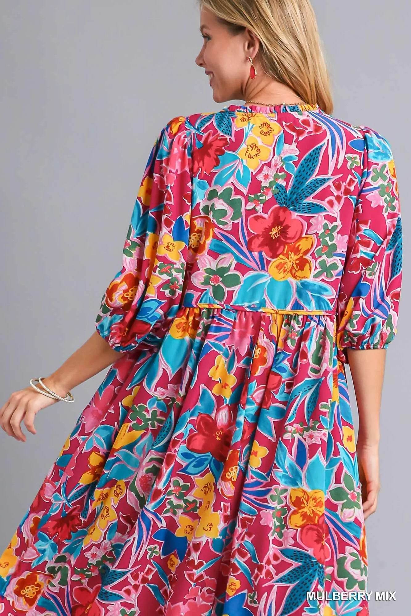 Umgee Full Size Floral Print Tie Neck Midi Dress with Pockets Plus Size - Veloro