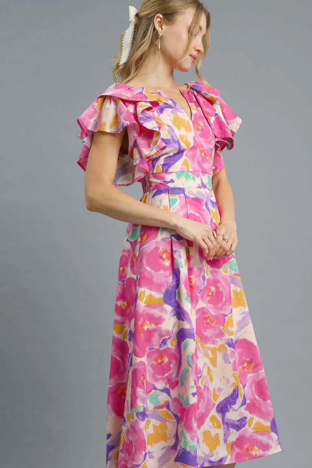 Umgee Floral Ruffled Cap Sleeve Midi Dress - Veloro