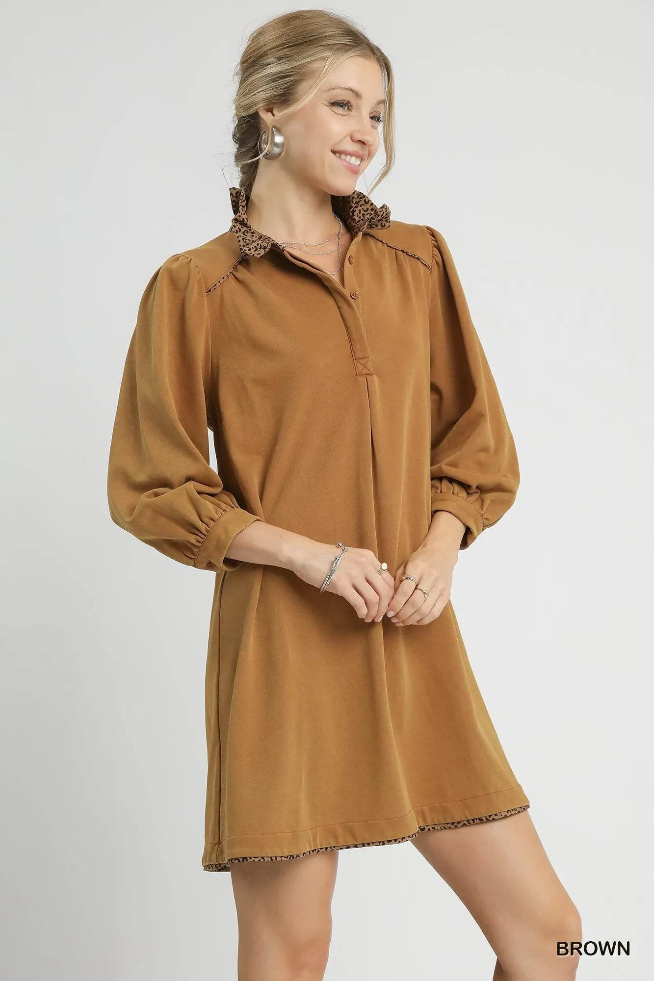 Umgee French Terry Balloon Sleeve Shift Dress with Leopard Print Detail - Veloro