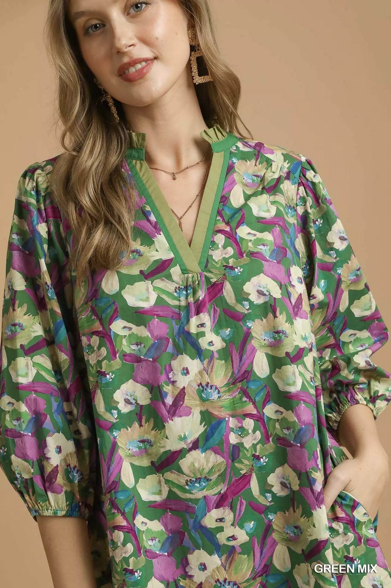 Umgee Boho Floral Balloon Sleeve Mini Dress - Veloro