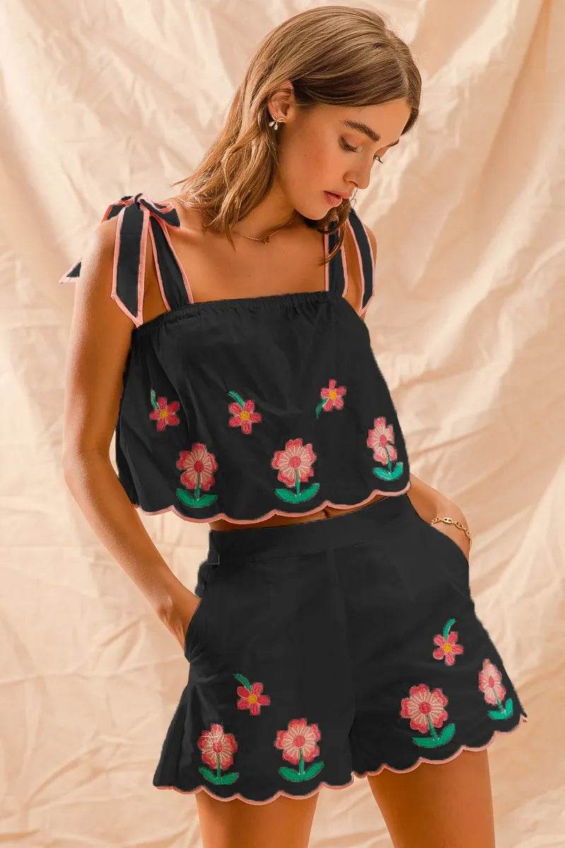 SO ME Flower Embroidered Tank Top and Shorts Set - Veloro