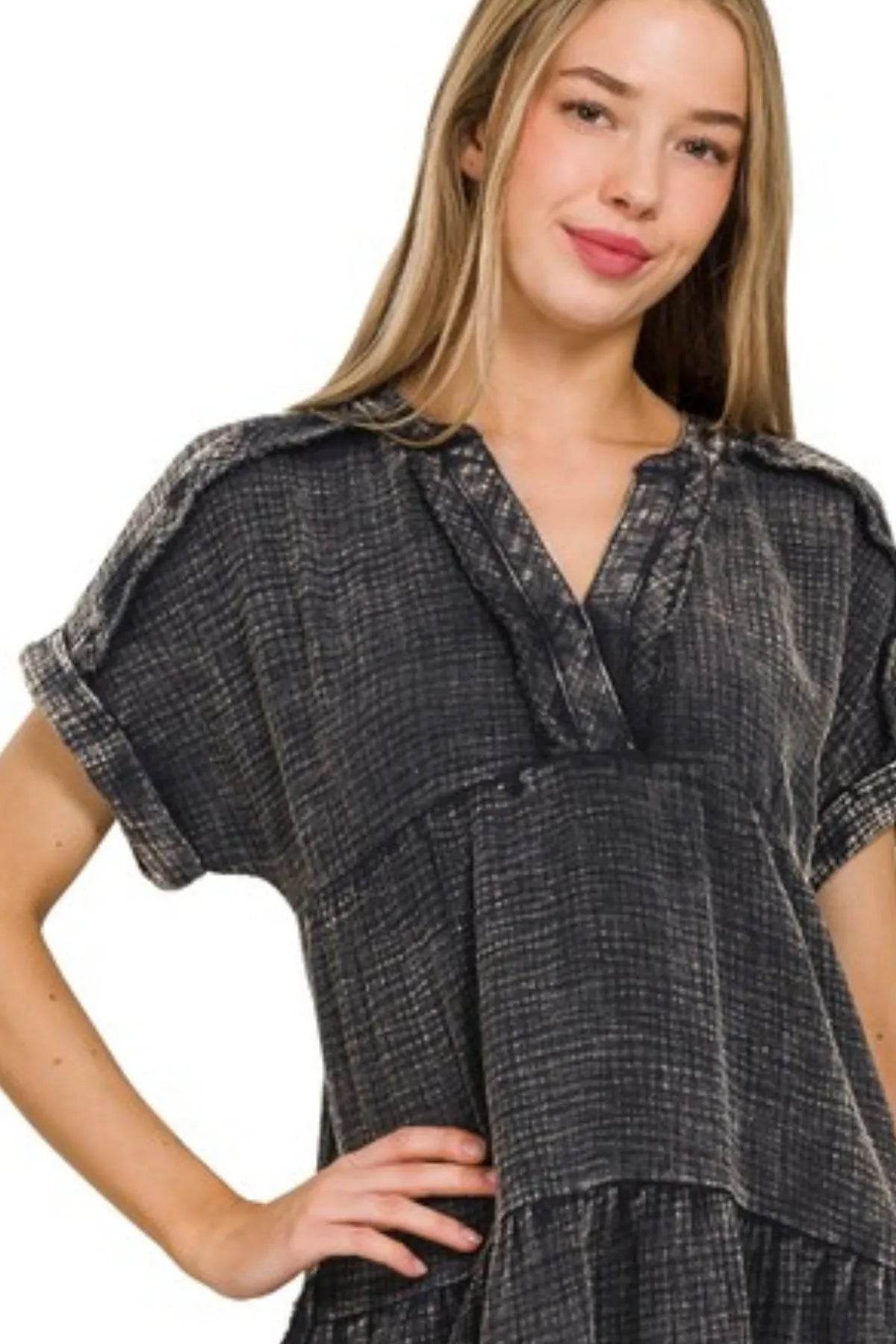 Zenana Washed Double Gauze Raw Edge V-neck Dress - Veloro