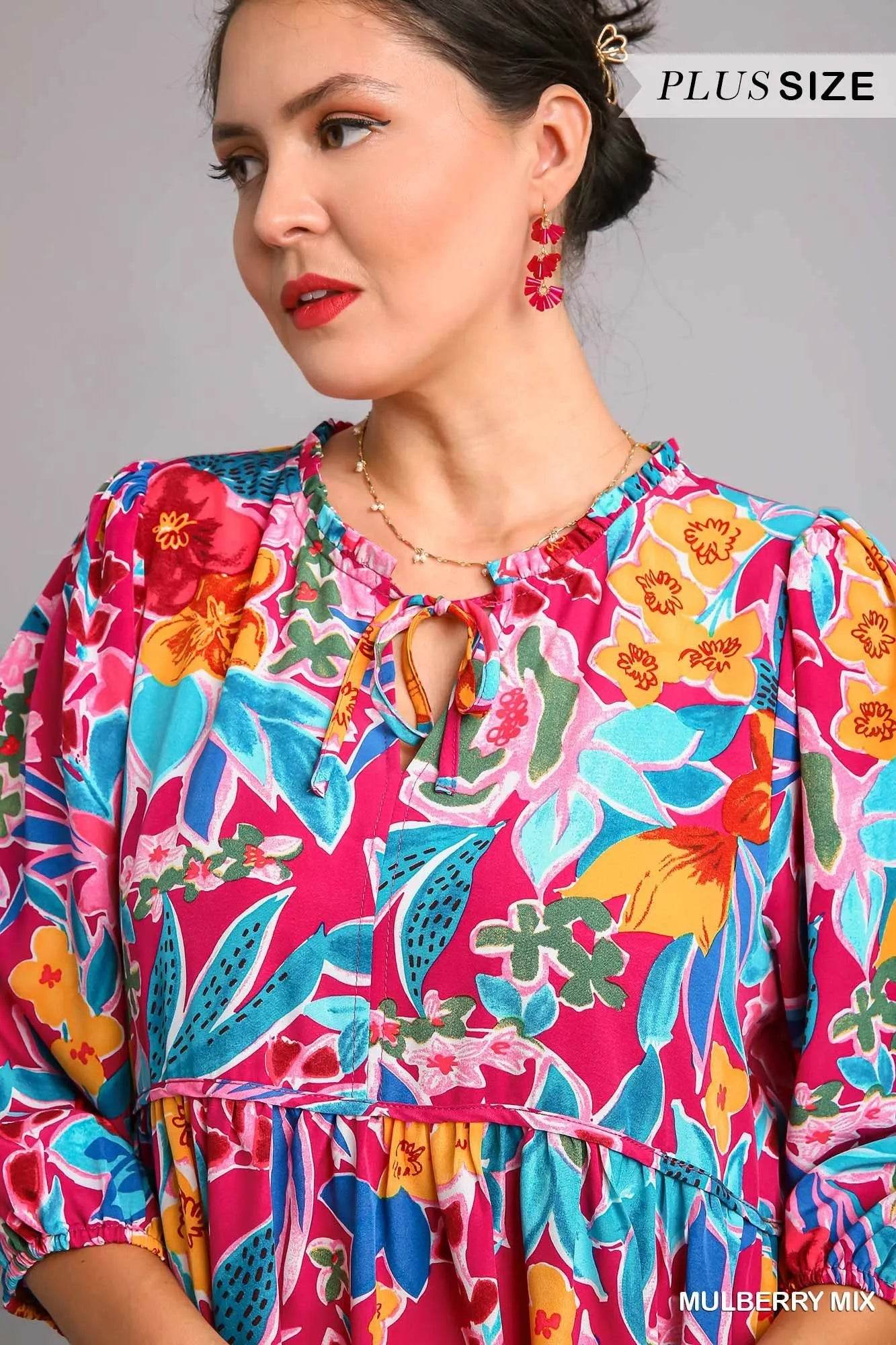Umgee Full Size Floral Print Tie Neck Midi Dress with Pockets Plus Size - Veloro
