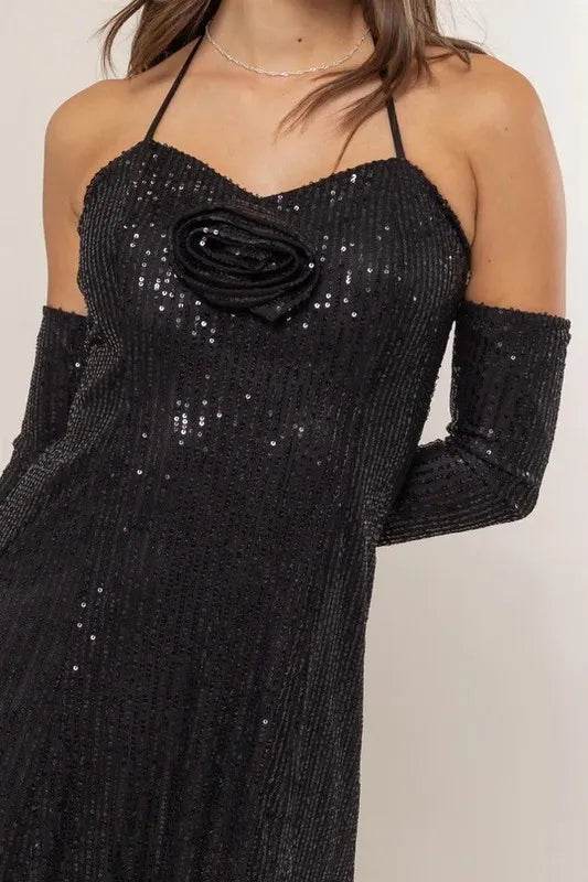 HYFVE Sequin Rosette Halter Mini Dress - Veloro