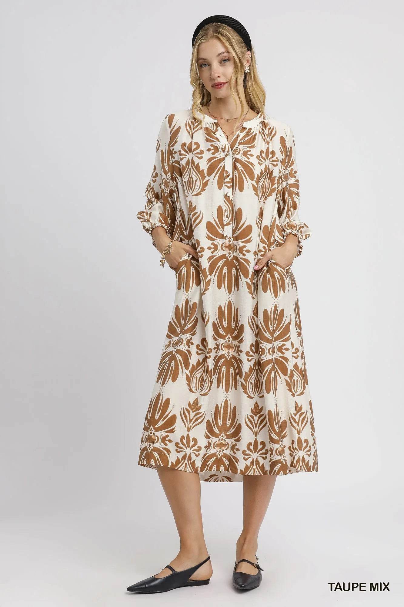 Umgee Mix Abstract Floral Print Midi Dress - Veloro