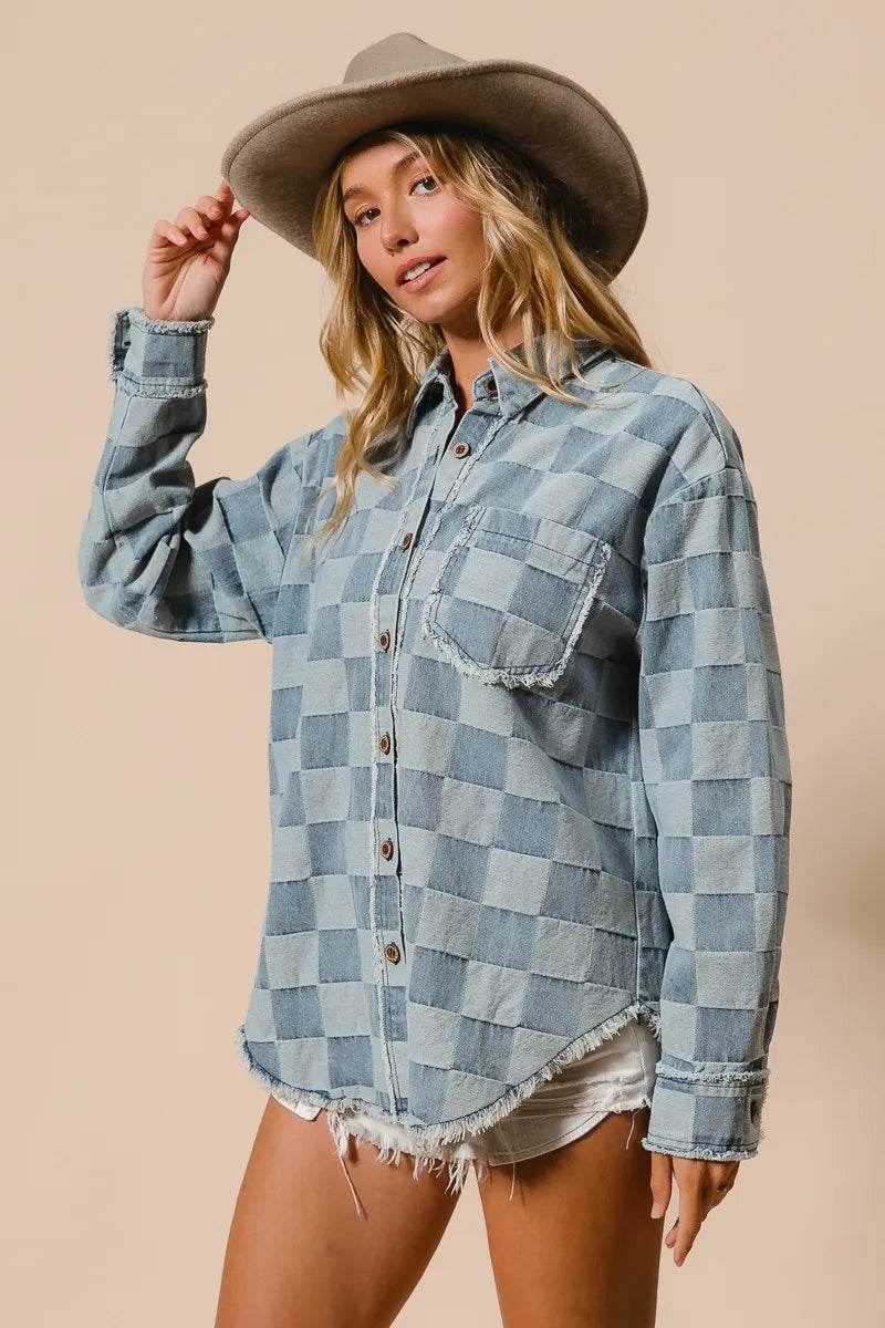 BiBi Frayed Edged Detail Washed Checker Denim Shirt - Veloro