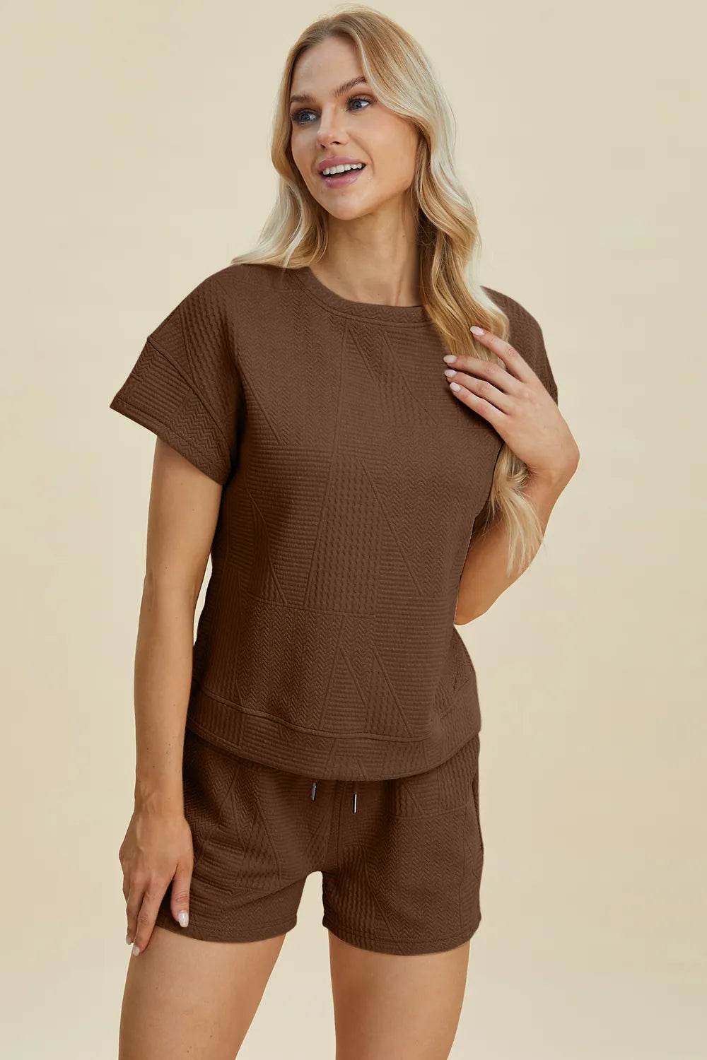 Double Take Full Size Texture Short Sleeve Top and Shorts Set - Veloro
