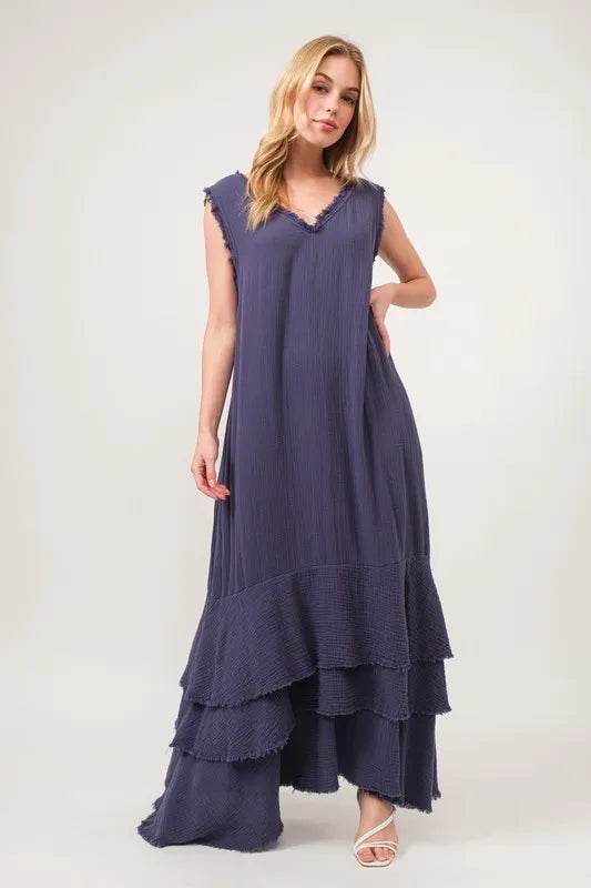 And The Why Washed Cotton Gauze Fringe Detail Tiered Dress - Veloro