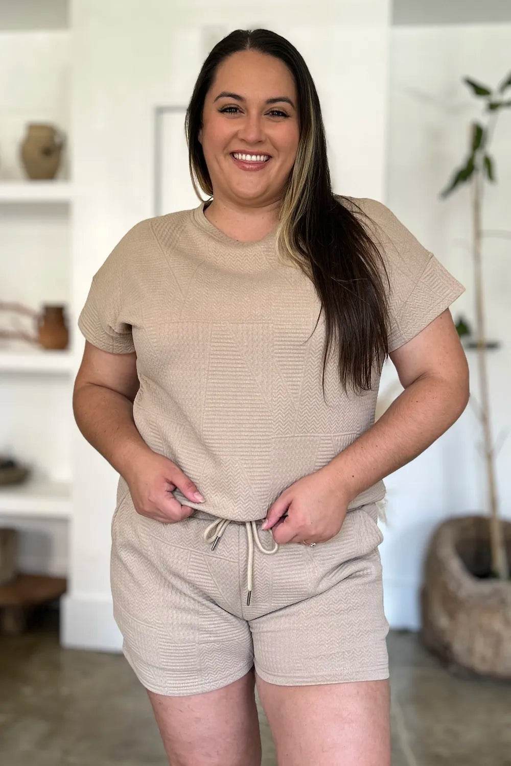 Double Take Full Size Texture Short Sleeve Top and Shorts Set - Veloro