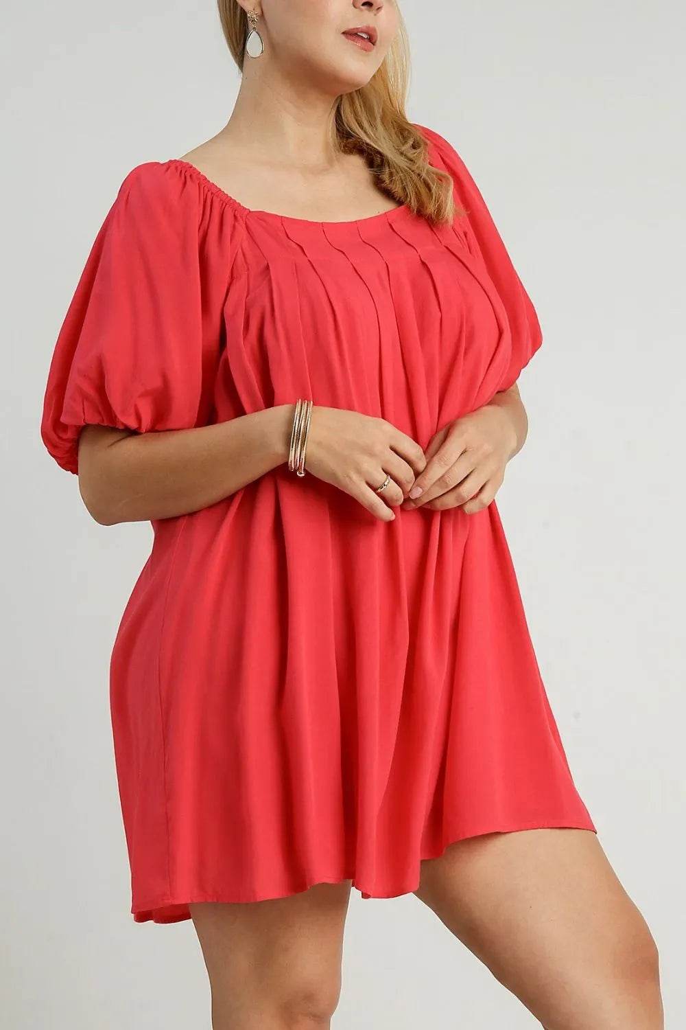 Umgee Full Size Squared Neck Puff Sleeve Mini Dress Plus Size - Veloro