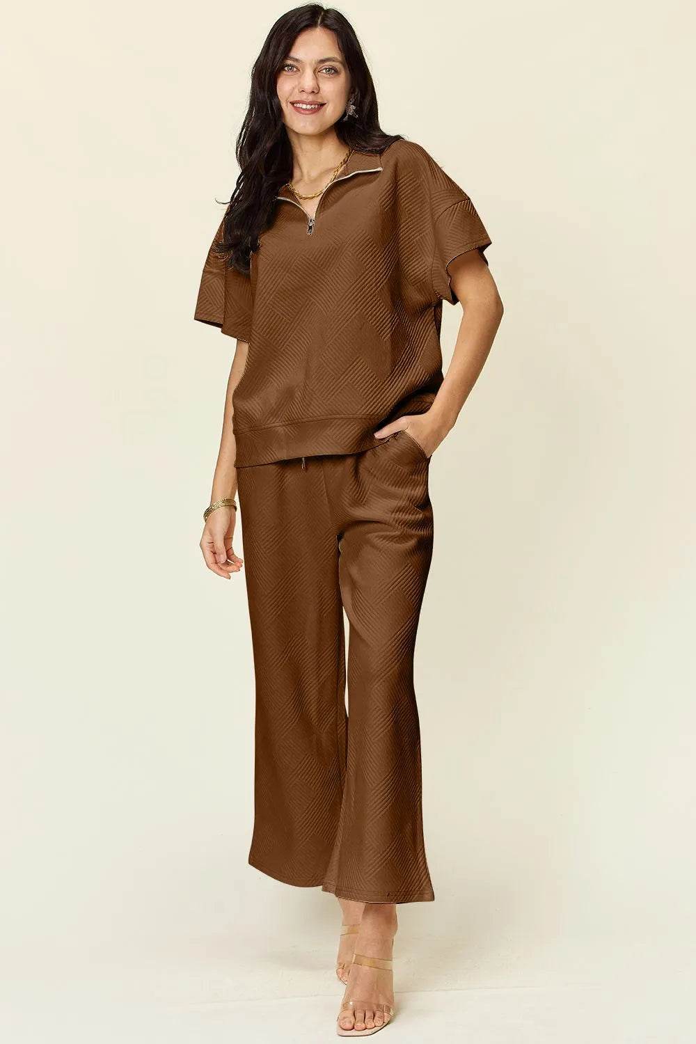 Double Take Full Size Texture Half Zip Short Sleeve Top and Pants Set - Veloro