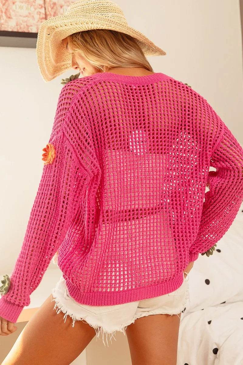 BiBi Flower Patches Open Knit Sweater Cardigan - Veloro