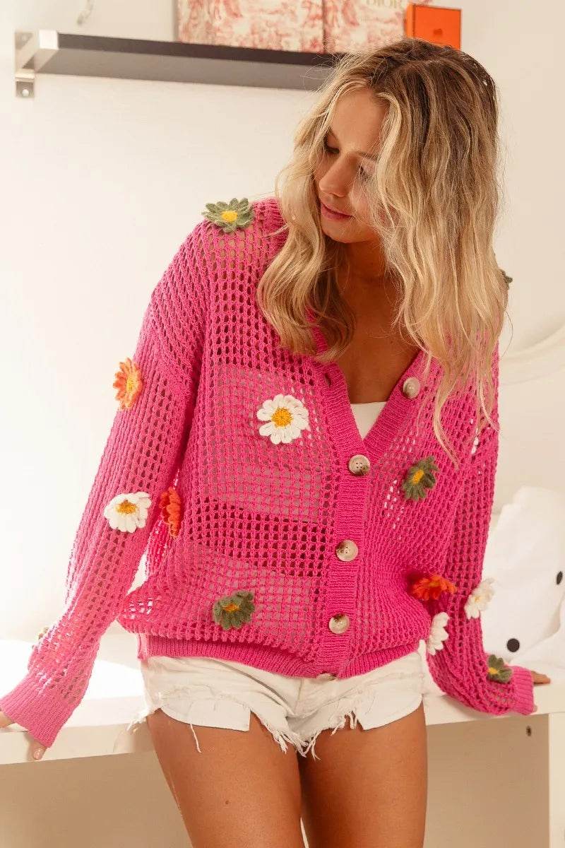 BiBi Flower Patches Open Knit Sweater Cardigan - Veloro