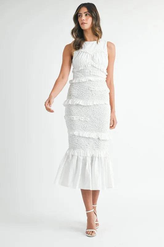 MABLE Ruffled Popcorn Smocked Mermaid Midi Dress - Veloro