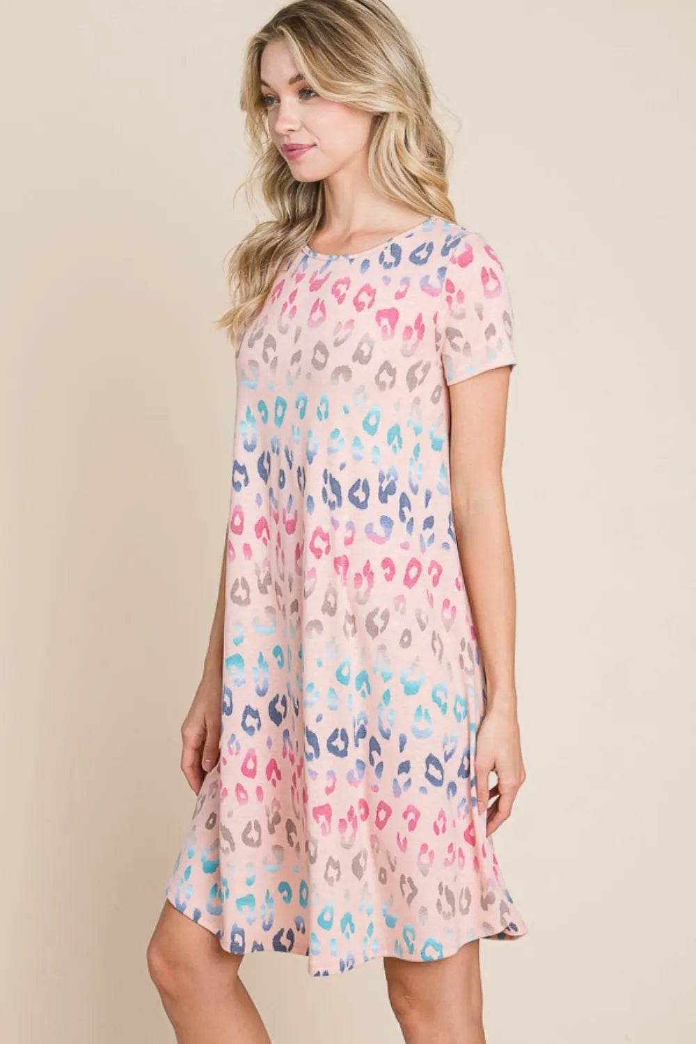 BOMBOM Leopard Round Neck Short Sleeve Dress - Veloro