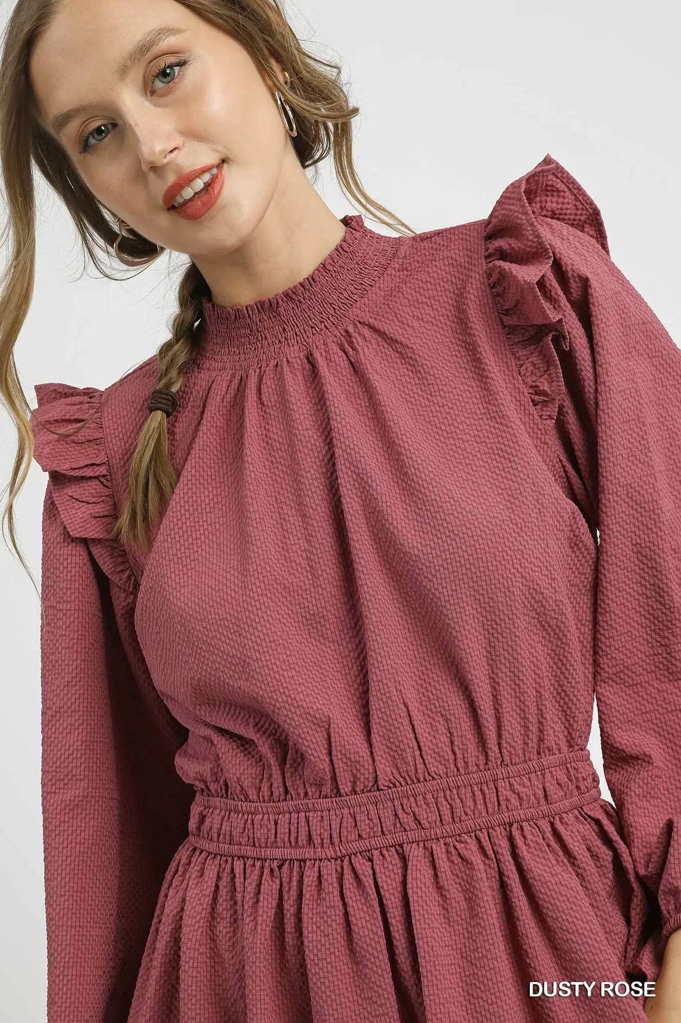 Umgee Textured Midi Dress with Ruffle Shoulder Detail - Veloro