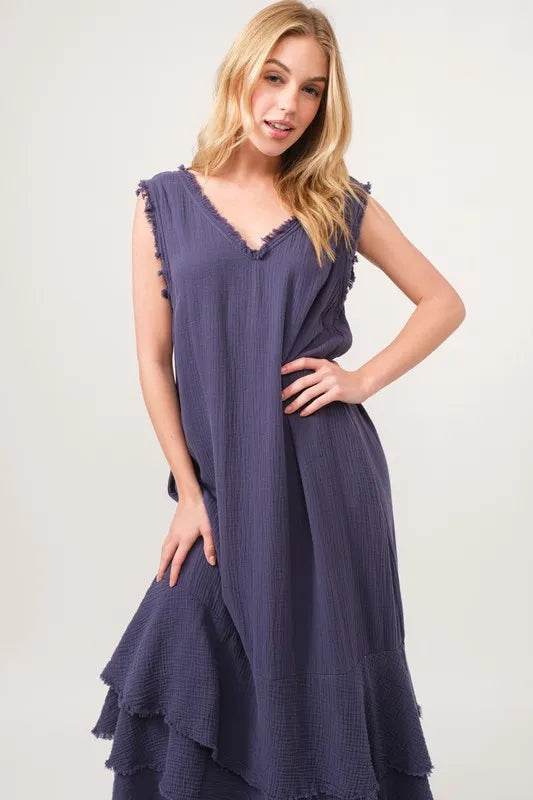 And The Why Washed Cotton Gauze Fringe Detail Tiered Dress - Veloro