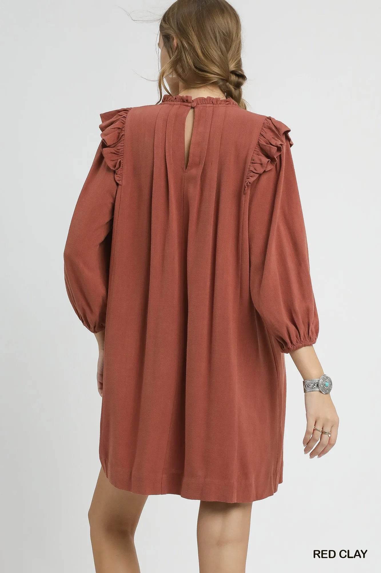 Umgee Linen Ruffle Shoulder Pleated Babydoll Dress - Veloro