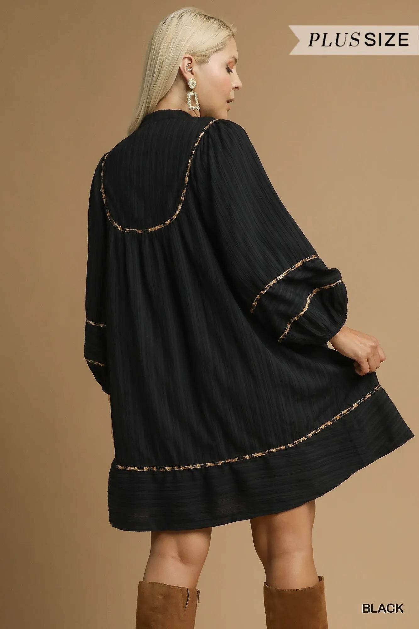 Umgee Full Size Textured Babydoll Dress with Leopard Trim Plus Size - Veloro