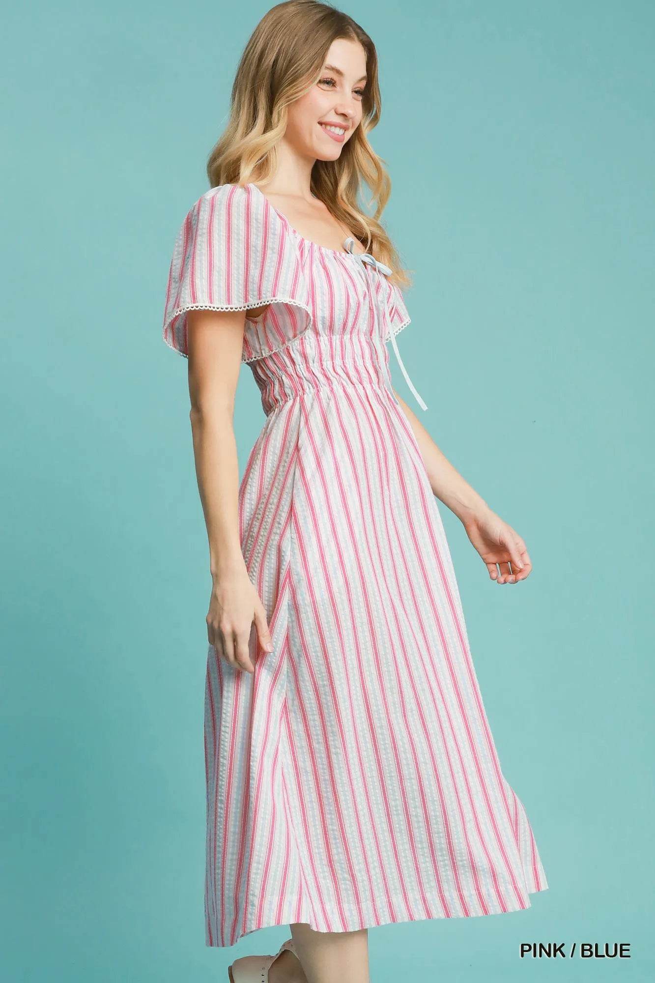 Umgee Smocked Striped Short Sleeve Midi Dress - Veloro