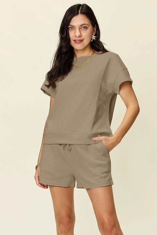 Double Take Full Size Texture Short Sleeve T-Shirt and Drawstring Shorts Set - Veloro