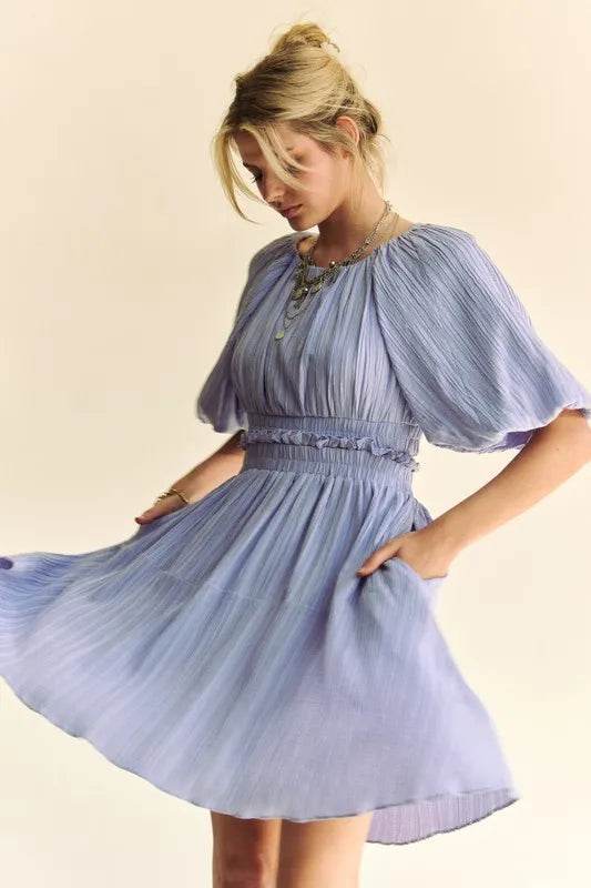 Davi & Dani Back Button Puff Sleeve Mini Dress - Veloro