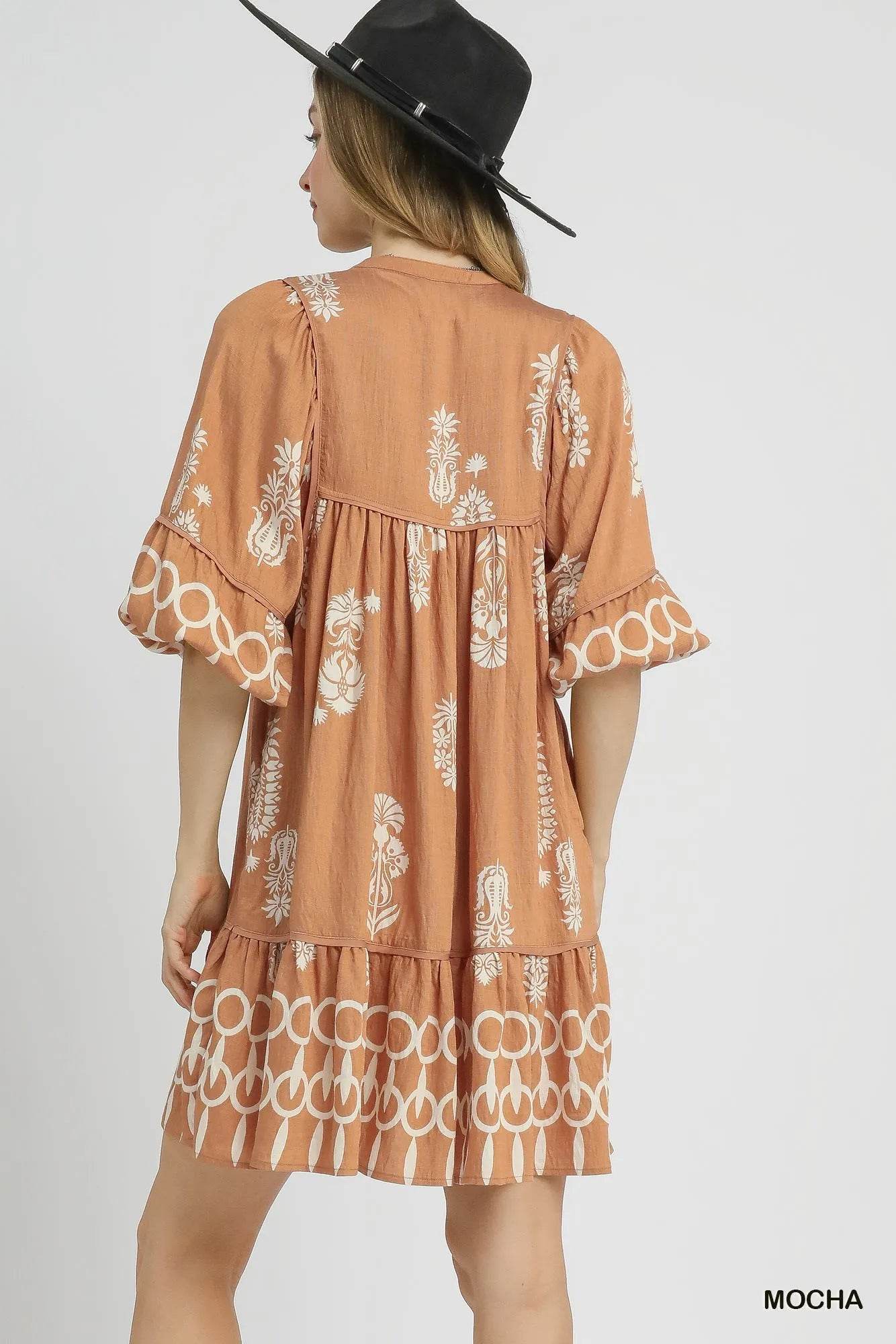 Umgee Boarder Print Tassel Tie Neck Mini Dress - Veloro